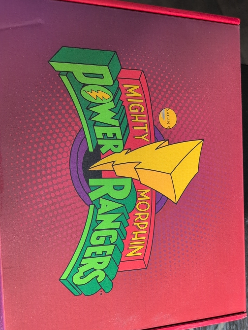 Power Ranger Mighty Morphin Logo Box with Green, Yellow, Purple and Red Graphics